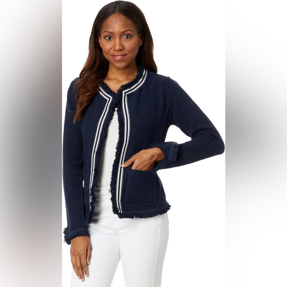 NWT Nic + Zoe Ribbon Trim Fringe Mix Knit Jacket in Dark Indigo